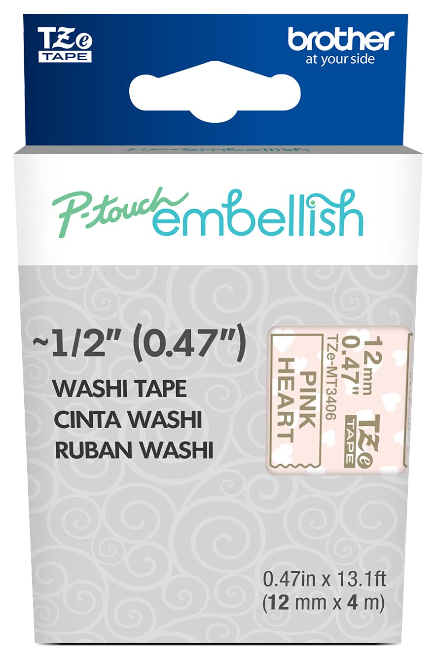 New, Pre-owned, Original Brother P-Touch Embellish Gold Print on Pink Hearts Washi Tape TZeMT3406 ~½” Wide x 13.1’ Long for Use With P-Touch Embellish Ribbon & Tape Printer
