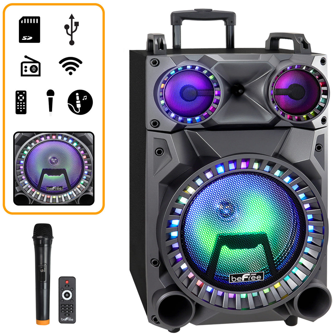beFree Sound Rechargeable 12 Inch Bluetooth Portable Party Speaker with Party Lights, FM Radio and