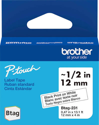 New, Pre-owned, Brother P-Touch Btag BTAG-231 Black on White Label Tape ~1/2in by 13.1ft (12mm x 4m).