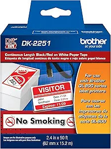 New, Pre-owned, Brother DK-2251 Replacement Labels, Black/Red Label on White Paper Tape