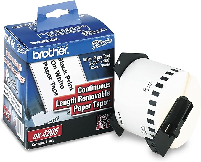 New, Pre-owned, Original Brother DK4205 Removable Paper Label Tape for QL Printers, 2-3/7in x 100ft Roll, White