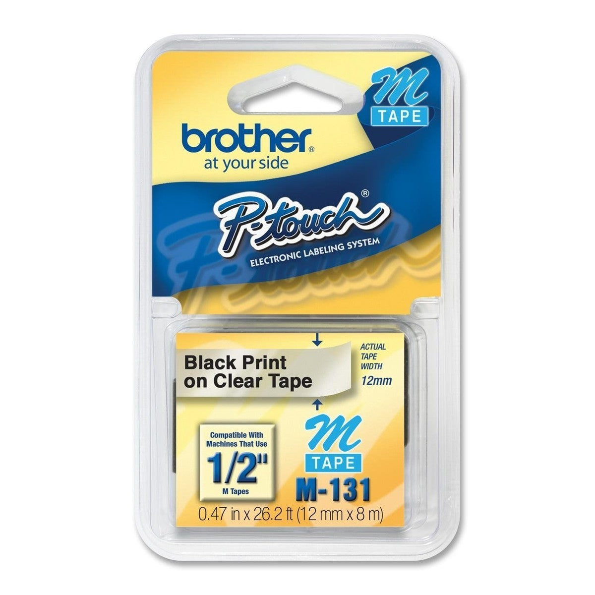 New, Pre-owned, Brother P-Touch M-131 Tape, 1/2" (0.47") Standard P-Touch Tape, Black on Clear, for Indoor Use, Water Resistant, 26.2 Feet (8M), Single-Pack