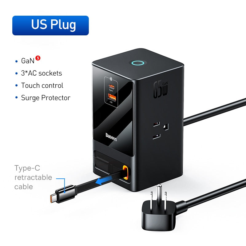 Baseus 65W Fast GaN Charger Digital Power Strip Touch Control 3AC Sockets APP Remote Control Retractable Cable Quick Charging