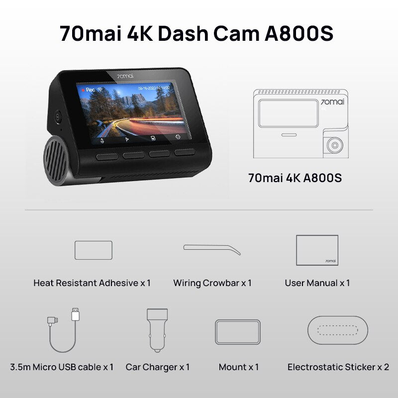 70mai A800S Dash Camera 4K Ultra HD UHD Dual-Vision with GPS Built-in 3840x2160 Resolution