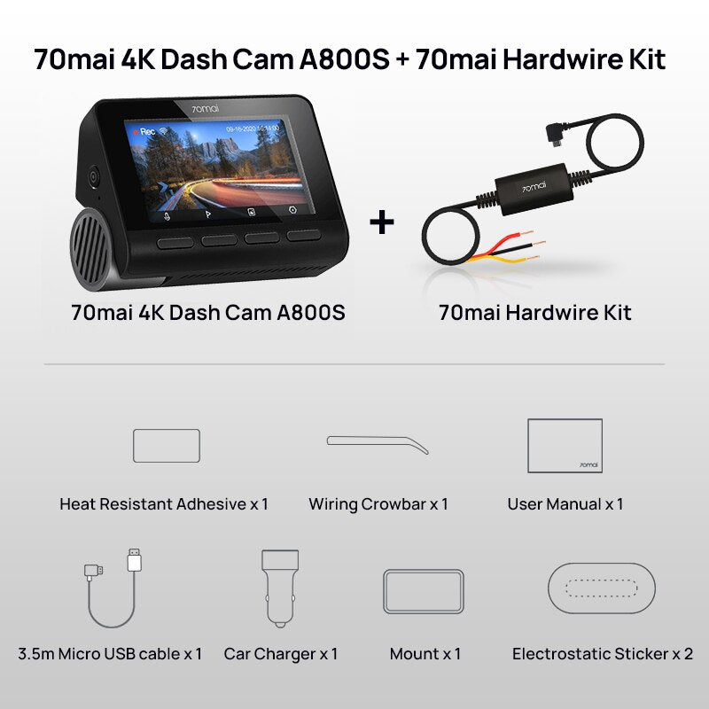 70mai A800S Dash Camera 4K Ultra HD UHD Dual-Vision with GPS Built-in 3840x2160 Resolution