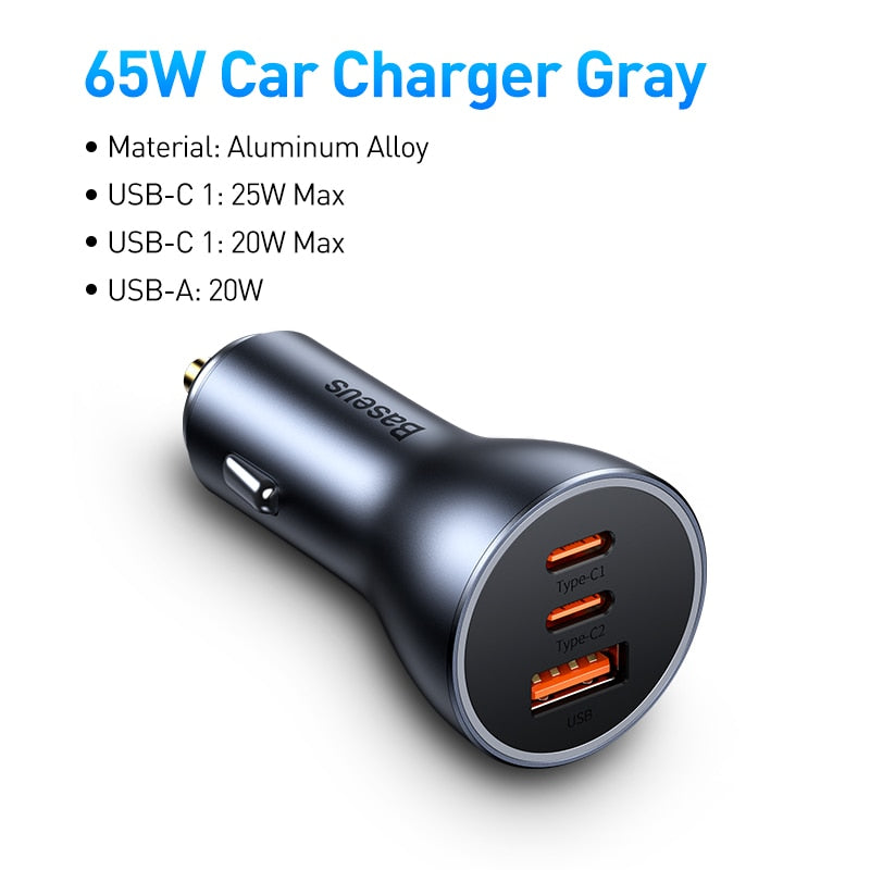 Baseus Car Charger 65W Fast Charging Triple-Port USB Type-C Phone Charger Lighter Slot Charger For iPhone Xiaomi Huawei Samsung