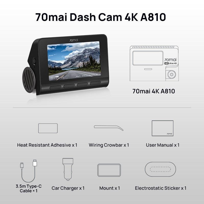 Global 70mai Dash Cam A810 Ultra HD 4K Built-in GPS ADAS Auto Record 150FOV Motion Detection 70mai A810 Car DVR Support Rear Cam
