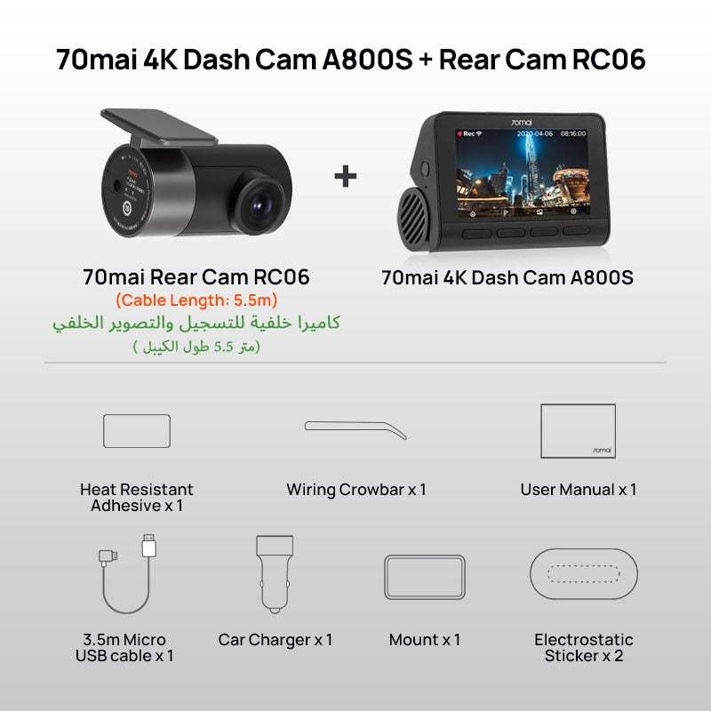 70mai 4K Dash Cam A800S Built-in GPS ADAS 140°FOV 70mai Camera Car DVR