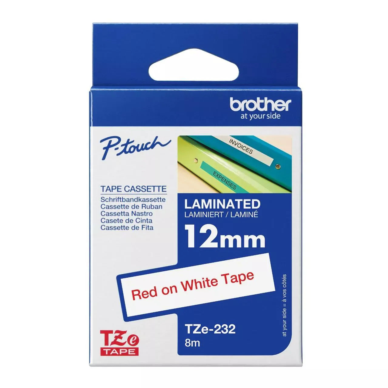 New, Pre-owned, Brother P-Touch TZE-232 Tape, 1/2" (0.47 mm) Standard Laminated P-Touch Tape, Red on White Laminated for Indoor or Outdoor Use, Water-Resistant 26.2 ft (8m)