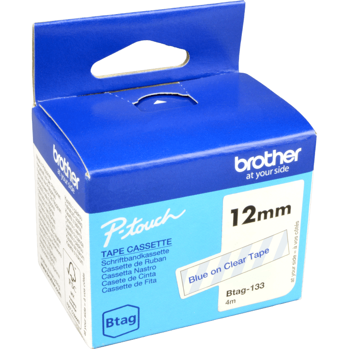 New, Pre-owned, Brother BTAG133 Label Tape for P-touch Label Makers - Blue on Clear - 12 mm W x 4 m L