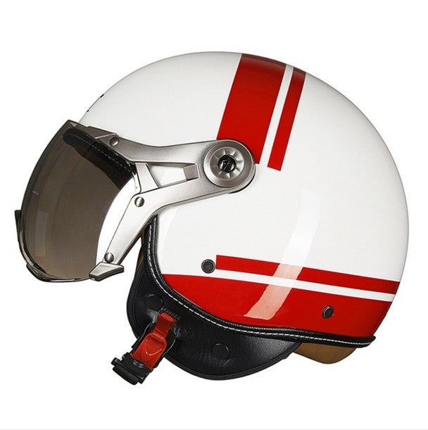 GXT Electric Vehicle Half Cover Helmet Four Seasons Retro Helmet, Size: XL(Painted White Red Stripes)