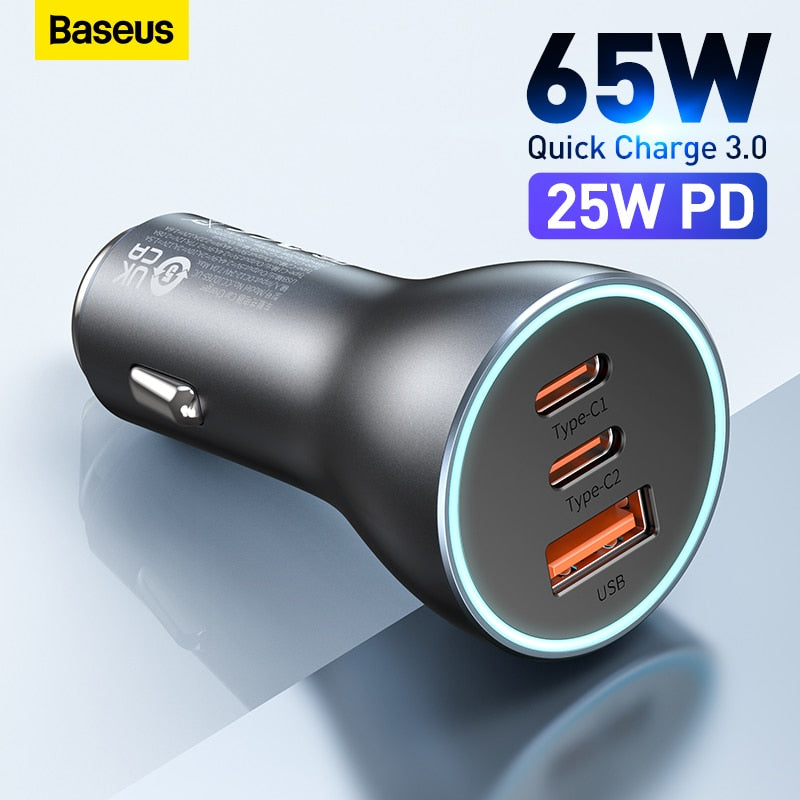 Baseus Car Charger 65W Fast Charging Triple-Port USB Type-C Phone Charger Lighter Slot Charger For iPhone Xiaomi Huawei Samsung