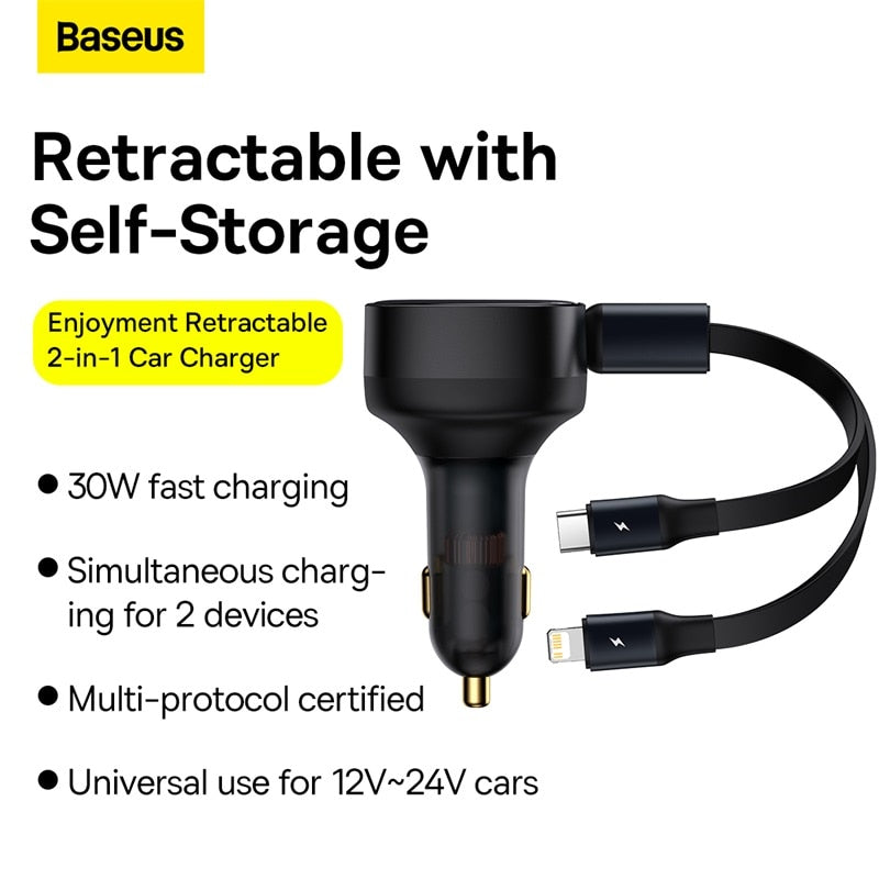 Baseus Car Charger 30W Fast Charging with Retractable Type C iP Charge  Cable Car Phone Charger for iPhone 12 13 Samsung Xiaomi