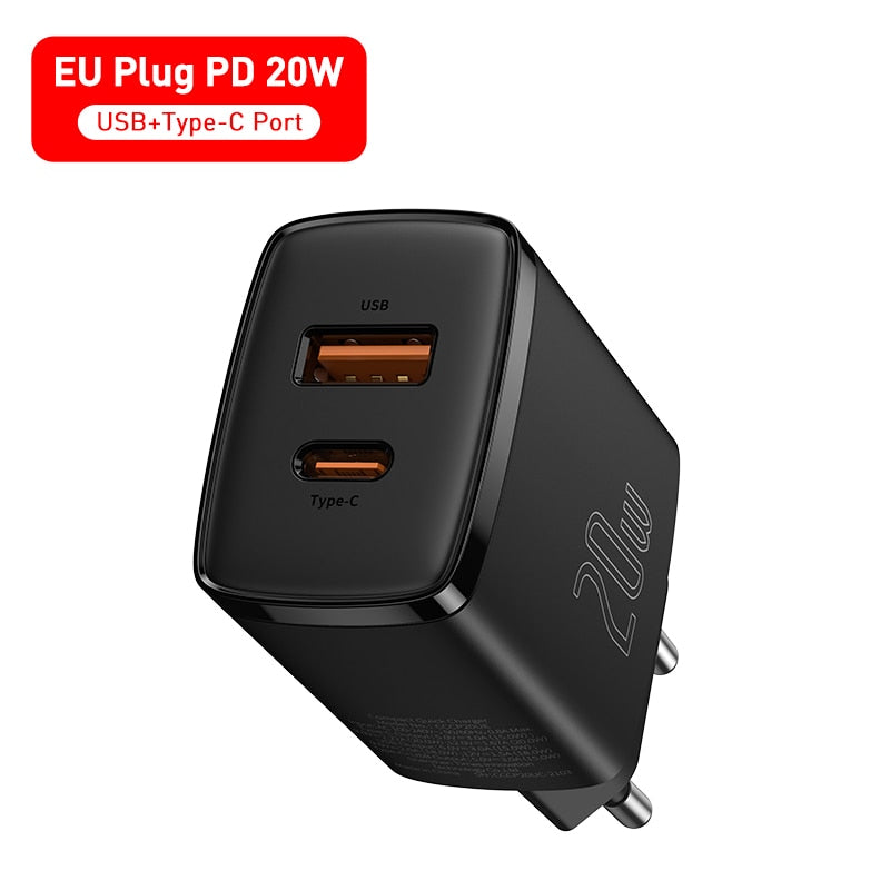 Baseus 20W USB Charger Dual Charging Port Support Type C PD Fast Charging Phone Charger For iPhone 12 XS Pro Max 11 Mini 8 Plus