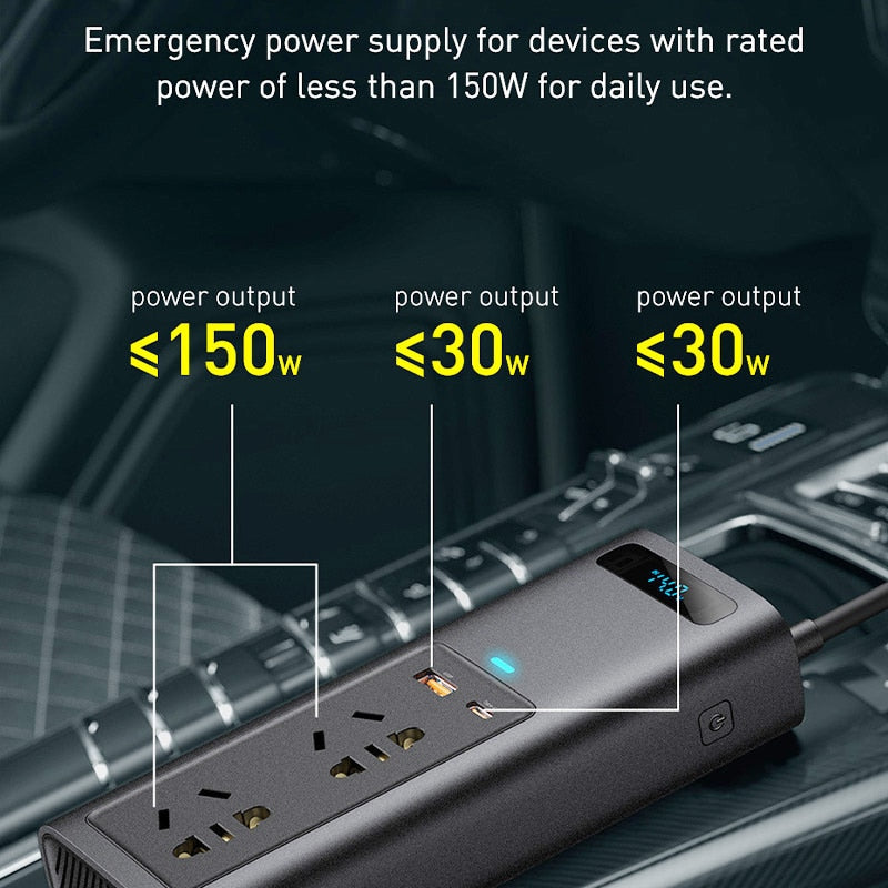 Baseus Car Inverter DC 12V to AC 220V 150W Auto Converter Type-C USB Fast Charging Charger EU Socket Car Inverter Power Adapter