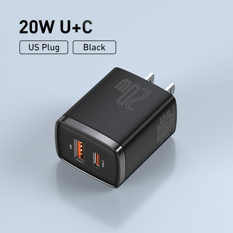 Baseus 20W USB Charger Support Type C PD Fast Charging Dual USB Port Portable Phone Charger For iPhone 14 13 12 11 Pro Max
