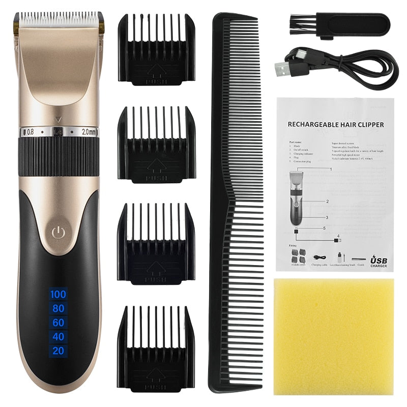 Professional Hair Clipper Men's Barber Beard Trimmer Rechargeable Hair Cutting Machine Ceramic Blade Low Noise Adult Kid Haircut