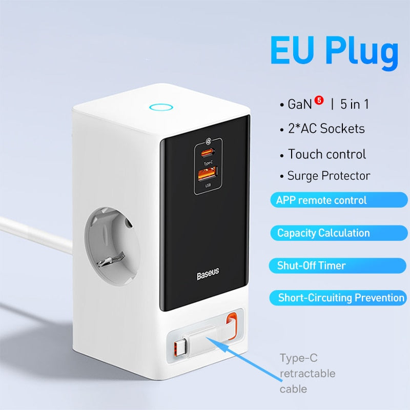 Baseus 65W Fast GaN Charger Digital Power Strip Touch Control 3AC Sockets APP Remote Control Retractable Cable Quick Charging