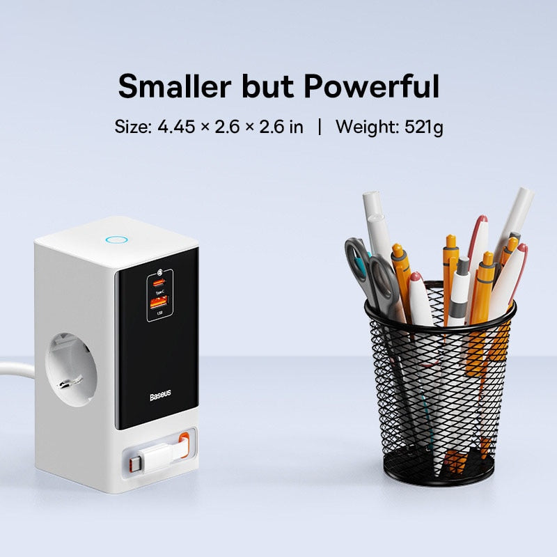 Baseus 65W Fast GaN Charger Digital Power Strip Touch Control 3AC Sockets APP Remote Control Retractable Cable Quick Charging