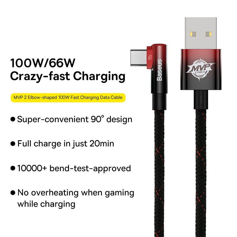Baseus 100W Elbowed USB Cable for Xiaomi Samsung S20 S21 Fast Charging USB C Cable 90 Degree QC 3.0 Gaming Cable
