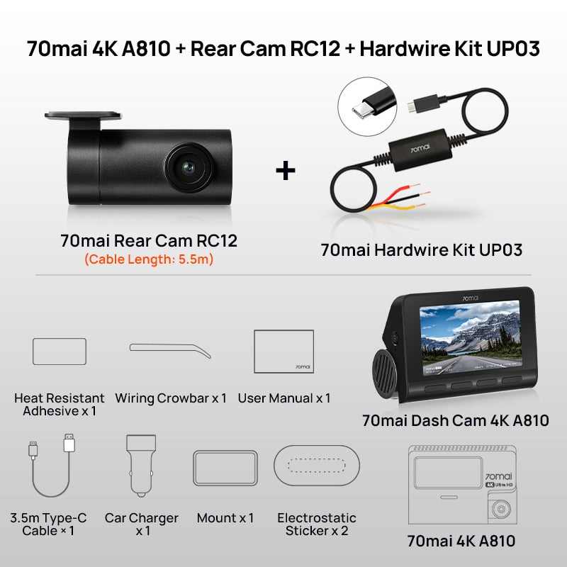 Global 70mai Dash Cam A810 Ultra HD 4K Built-in GPS ADAS Auto Record 150FOV Motion Detection 70mai A810 Car DVR Support Rear Cam