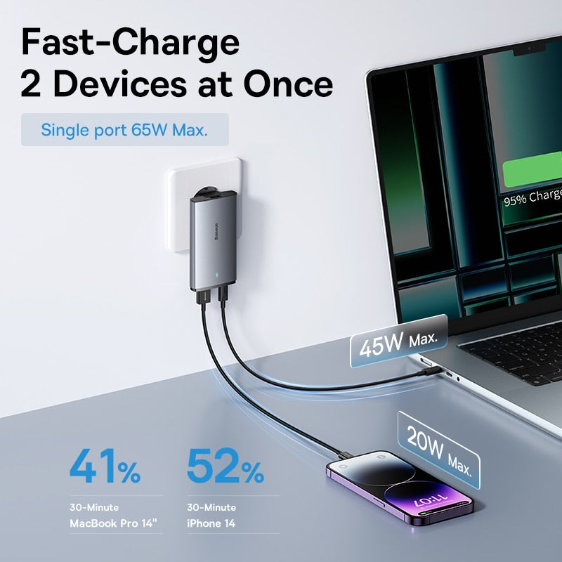 Baseus 65W GaN5 Charger Quick Charge 4.0 3.0 Type C PD USB Charger Portable Travel Charger Fast Charging For Laptop iPhone 14 13