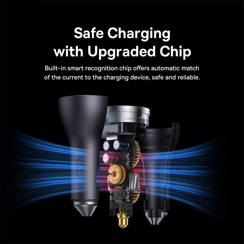 Baseus Car Charger 65W Fast Charging Triple-Port USB Type-C Phone Charger Lighter Slot Charger For iPhone Xiaomi Huawei Samsung