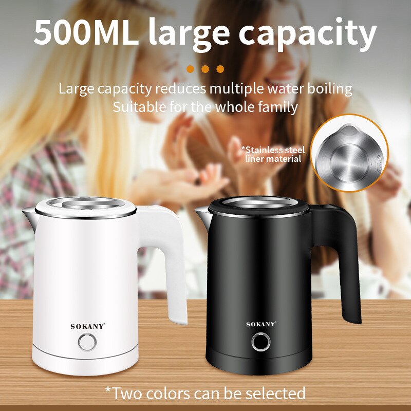 0.5L Mini Electric Kettle Tea Coffee Stainless Steel 2000W Portable Travel Water Boiler Pot for Hotel Family Trip