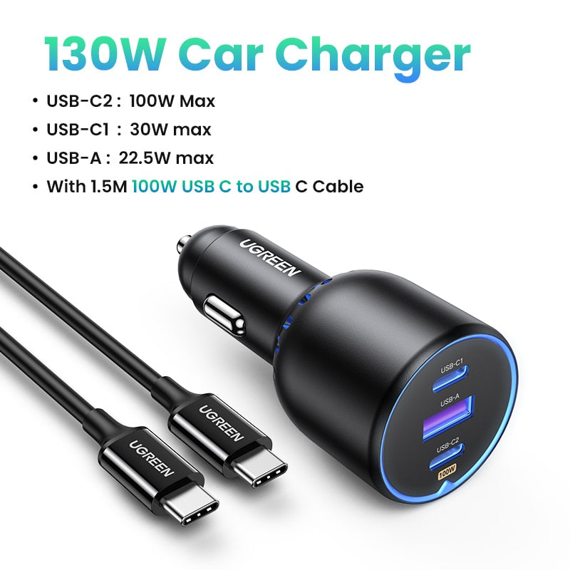 UGREEN 130W USB C Car Charger For Xiaomi iPhone 14 13 Pro Laptops Tabet PD3.0 Quick Charger Fast Charging USB Type C Car Charger