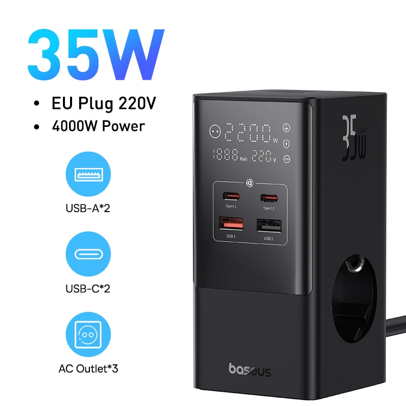 Baseus 35W Fast Charging Digital Power Strip 7-in-1 Charging Station 4000W Rated Power Digital Display For iPhone 14  13 Pro Max