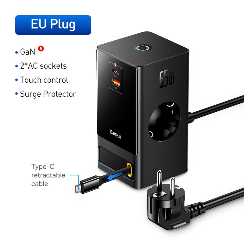 Baseus 65W Fast GaN Charger Digital Power Strip Touch Control 3AC Sockets APP Remote Control Retractable Cable Quick Charging