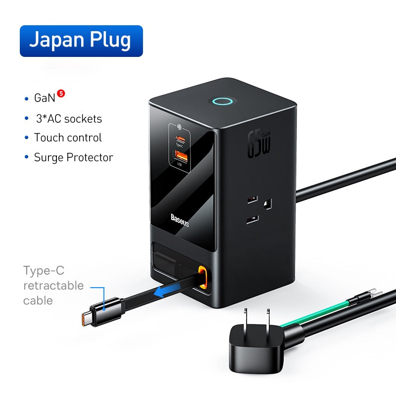 Baseus 65W Fast GaN Charger Digital Power Strip Touch Control 3AC Sockets APP Remote Control Retractable Cable Quick Charging