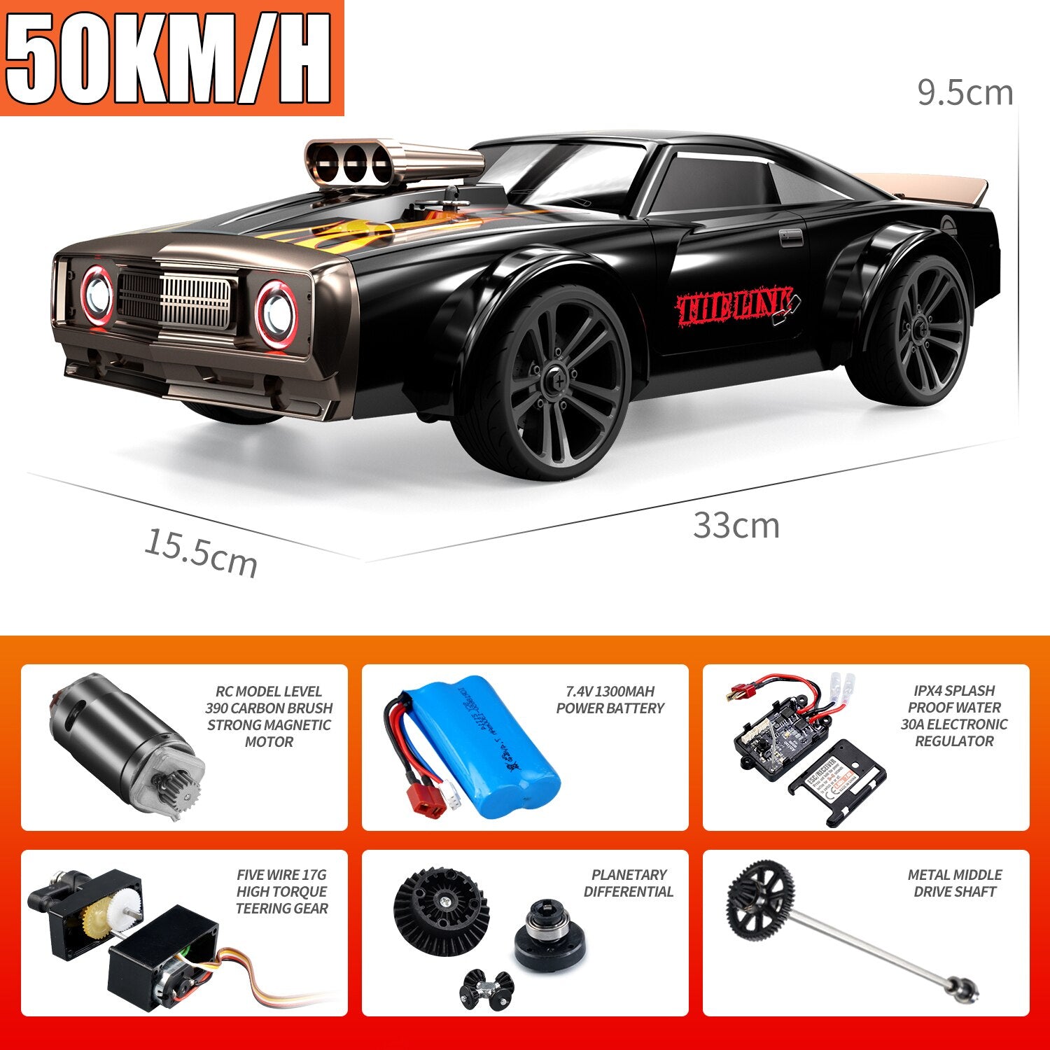Muscle Sports Car 50km/h 1/16 16303 High Speed 4WD Rc Drift Car LED Headlights 2.4G Remote Control Car Toys for Boys Gift