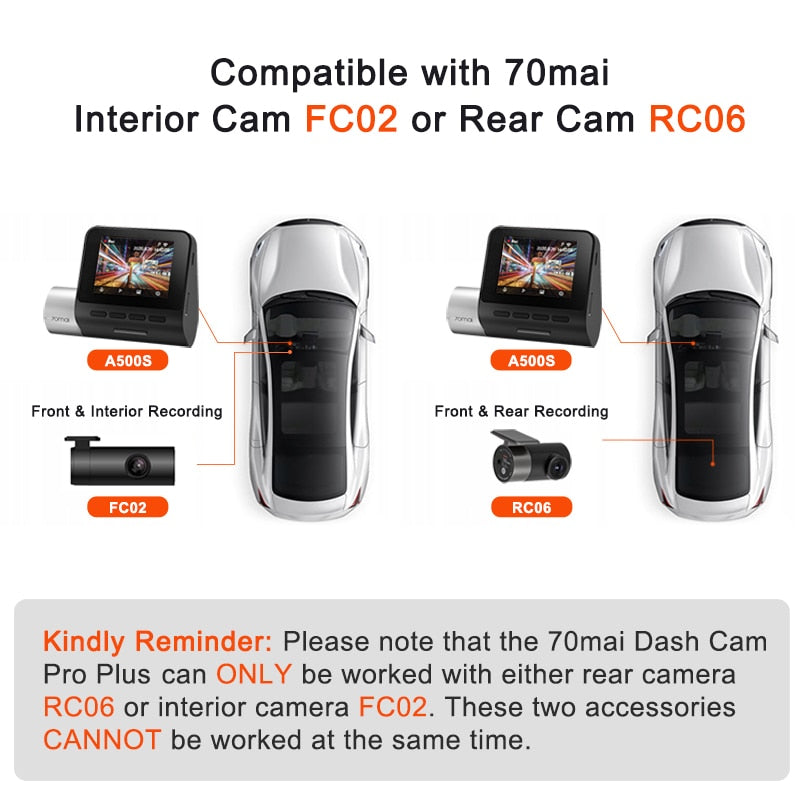 70mai Dash Cam Pro Plus A500S 1944P ADAS GPS Camera 70mai Front Cam A500S 140FOV Car DVR 24H Parking Support Rear Interior Cam
