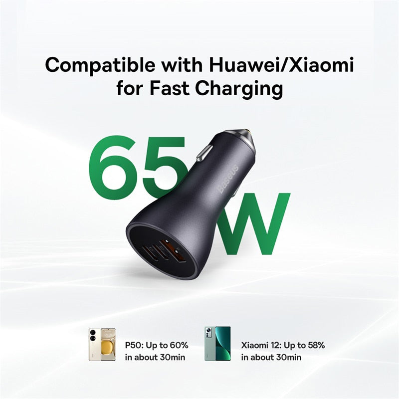 Baseus Car Charger 65W Fast Charging Triple-Port USB Type-C Phone Charger Lighter Slot Charger For iPhone Xiaomi Huawei Samsung