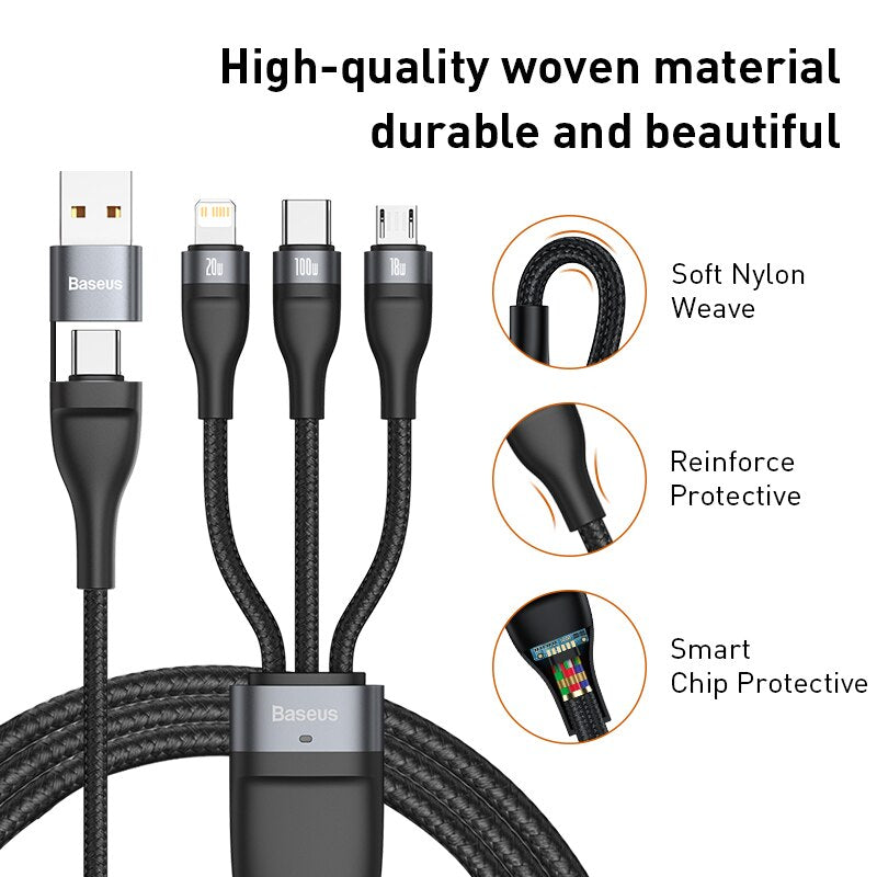 Baseus 3 in 2 USB Type C Cable for iPhone 14 13 12 Pro 11 Charger Cable 100W 3 in 1 Cable for Samsung Xiaomi Mi Macbook