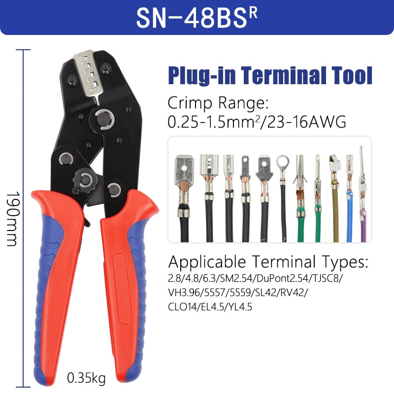 YEFYM Tab 2.8 4.8 6.3 SM2.5 DuPont2.54 Car Connector Wire Ratchet Tools SN-48BS(=SN-48B+SN-28B) Crimping Pliers 0.25-1.5mm² /23-16AWG