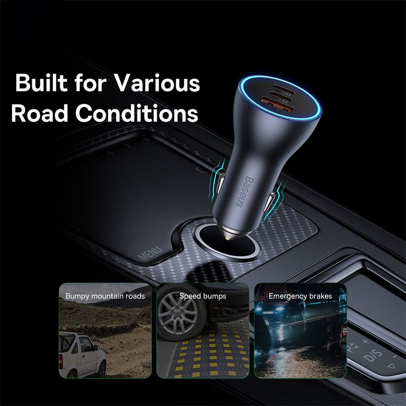 Baseus Car Charger 65W Fast Charging Triple-Port USB Type-C Phone Charger Lighter Slot Charger For iPhone Xiaomi Huawei Samsung