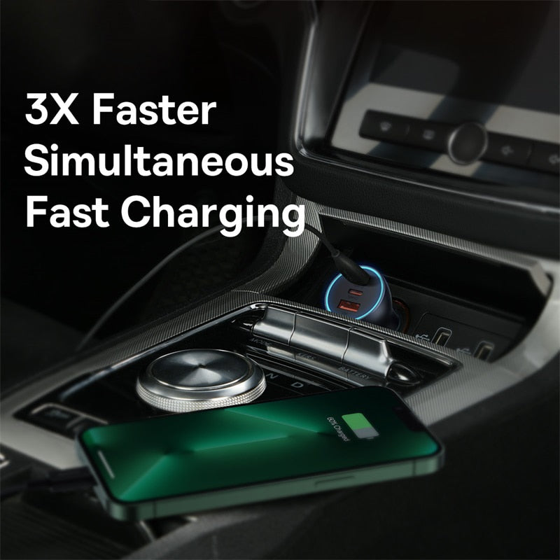 Baseus Car Charger 65W Fast Charging Triple-Port USB Type-C Phone Charger Lighter Slot Charger For iPhone Xiaomi Huawei Samsung
