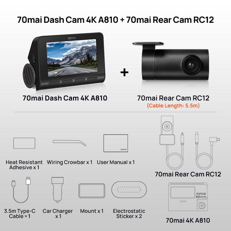 Global 70mai Dash Cam A810 Ultra HD 4K Built-in GPS ADAS Auto Record 150FOV Motion Detection 70mai A810 Car DVR Support Rear Cam