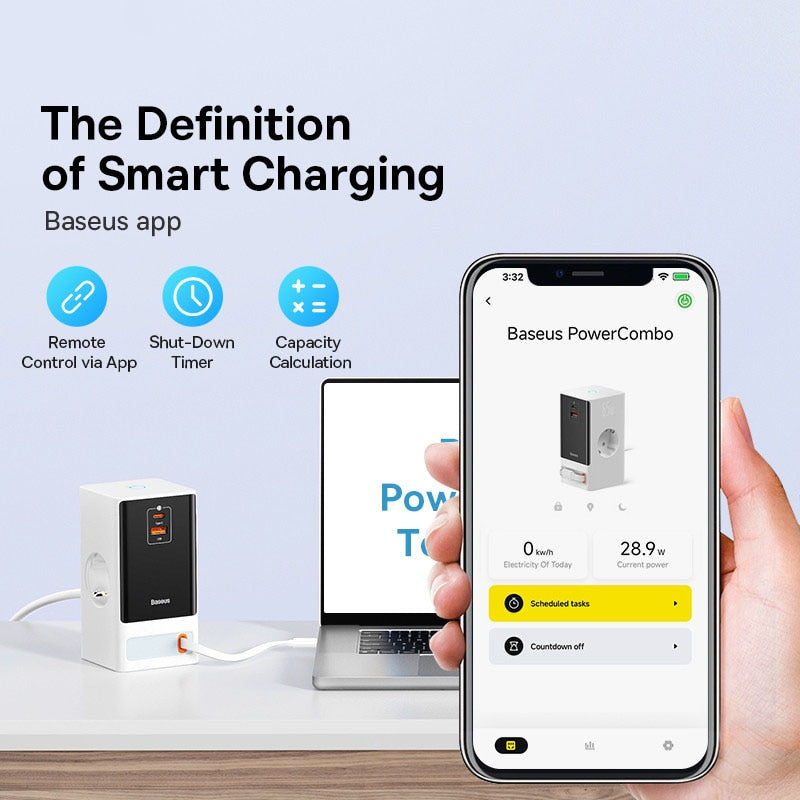 Baseus 65W Fast GaN Charger Digital Power Strip Touch Control 3AC Sockets APP Remote Control Retractable Cable Quick Charging