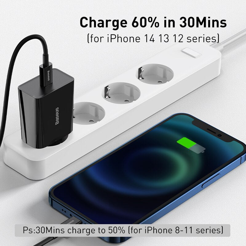 Baseus 20W Quick Charge QC 3.0 PD USB C Fast Charger Type C for iPhone 14 13 12 X Xs 8 Xiaomi Samsung Phone Tablet