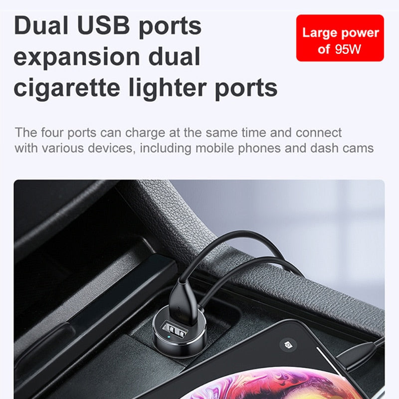 Baseus Cigarette Lighter Splitter 95W Dual USB Car Charger Adapter for
