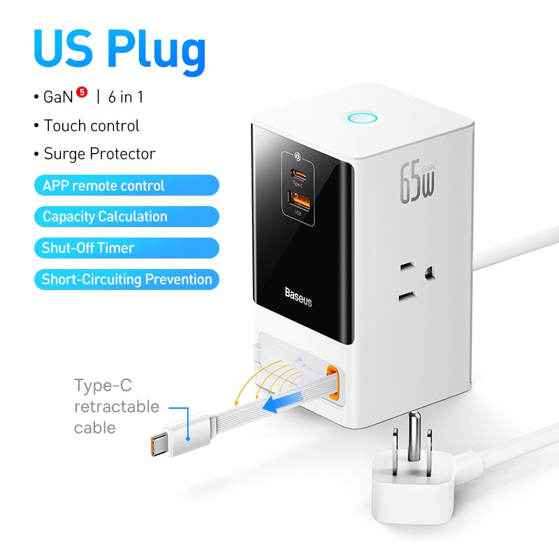 Baseus 65W Fast GaN Charger Digital Power Strip Touch Control 3AC Sockets APP Remote Control Retractable Cable Quick Charging