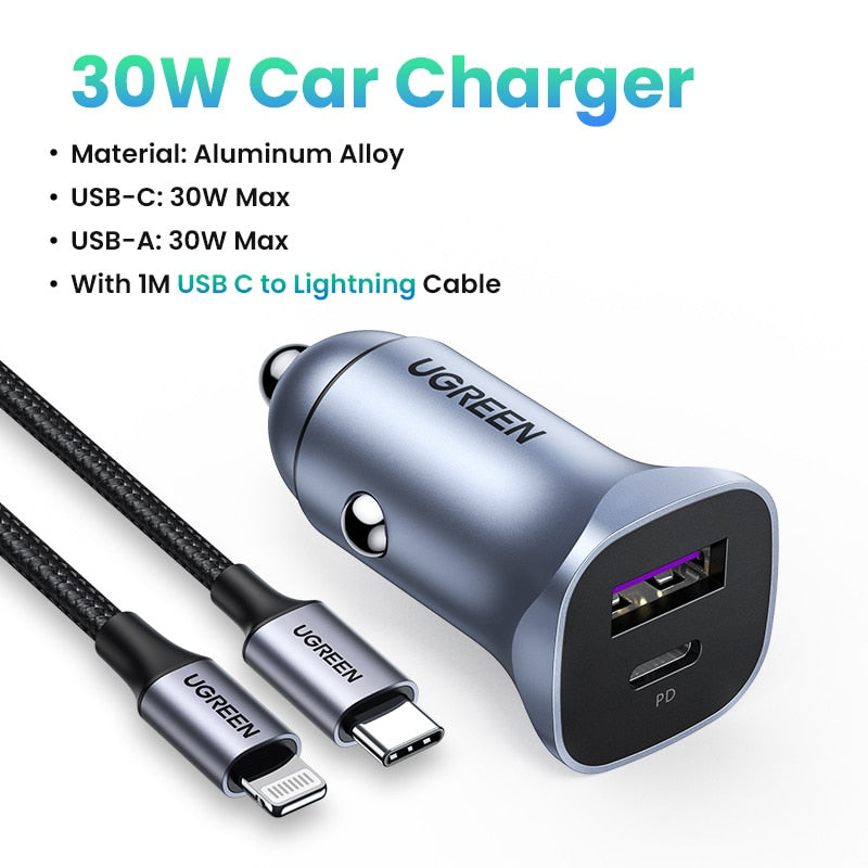 UGREEN 30W Car Charger USB Type C Fast Charger QC 4.0 3.0 PD 20W Quick Charging for iPhone 14 13 12 Xiaomi Mobile Phone Charger