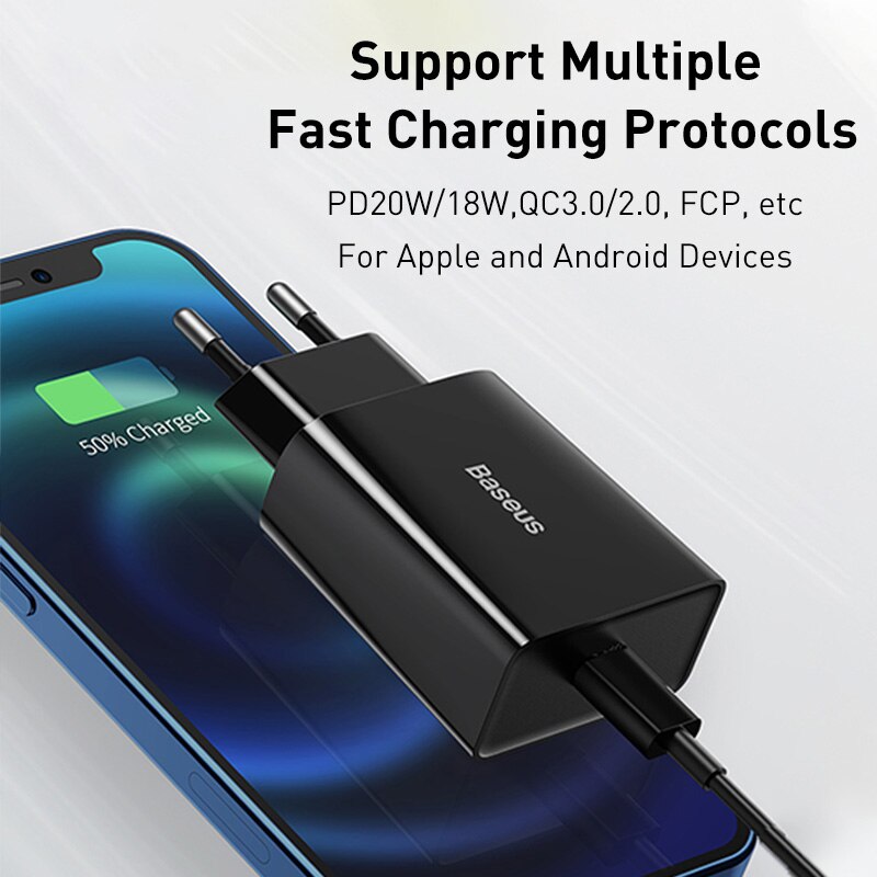Baseus 20W Quick Charge QC 3.0 PD USB C Fast Charger Type C for iPhone 14 13 12 X Xs 8 Xiaomi Samsung Phone Tablet