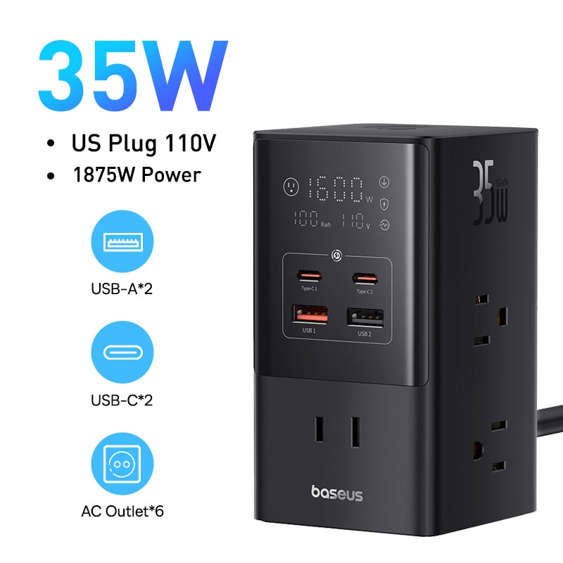 Baseus 35W Fast Charging Digital Power Strip 7-in-1 Charging Station 4000W Rated Power Digital Display For iPhone 14  13 Pro Max