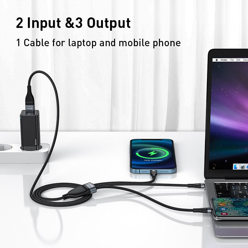 Baseus 3 in 2 USB Type C Cable for iPhone 14 13 12 Pro 11 Charger Cable 100W 3 in 1 Cable for Samsung Xiaomi Mi Macbook