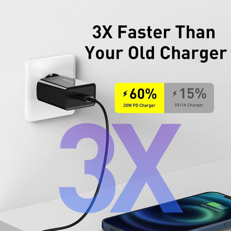 Baseus 20W Quick Charge QC 3.0 PD USB Type C Fast Charging Charger for iPhone 14 13 12 X Xs 8 Xiaomi Samsung Phone PD Charger