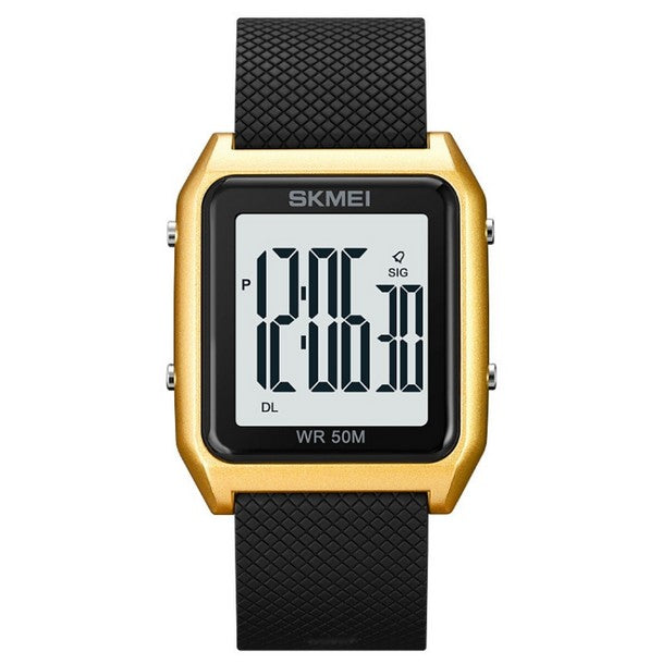 SKMEI 1866 Square Large Screen Men Steel Belt Multi-function Night Light Alarm Clock Watch(Gold White Machine)